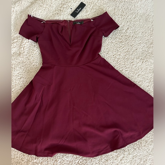 Maroon Lulus Skater Dress with Off the Shoulder Sleeves - Picture 1 of 3